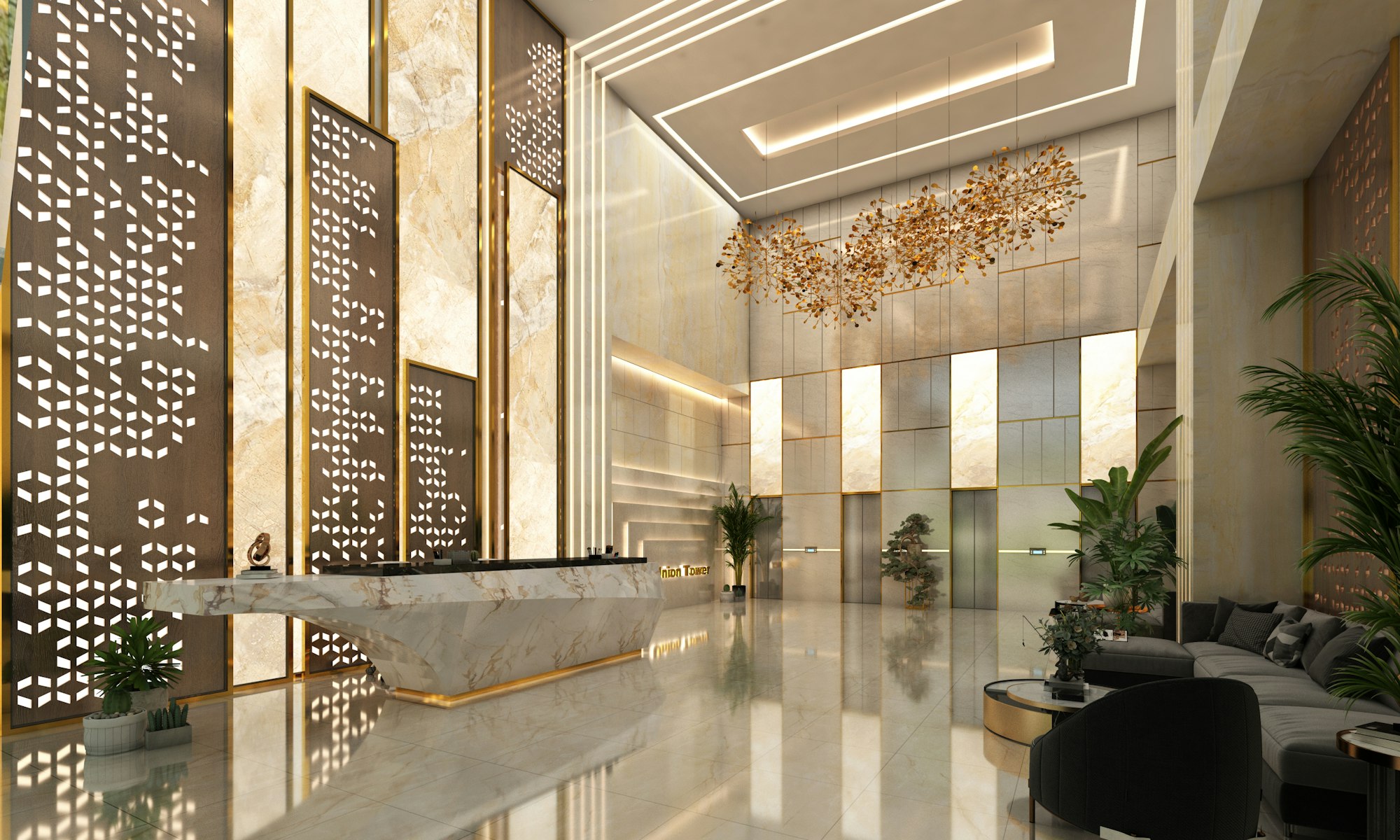 Hall con reception in marmo di un edificio direzionale